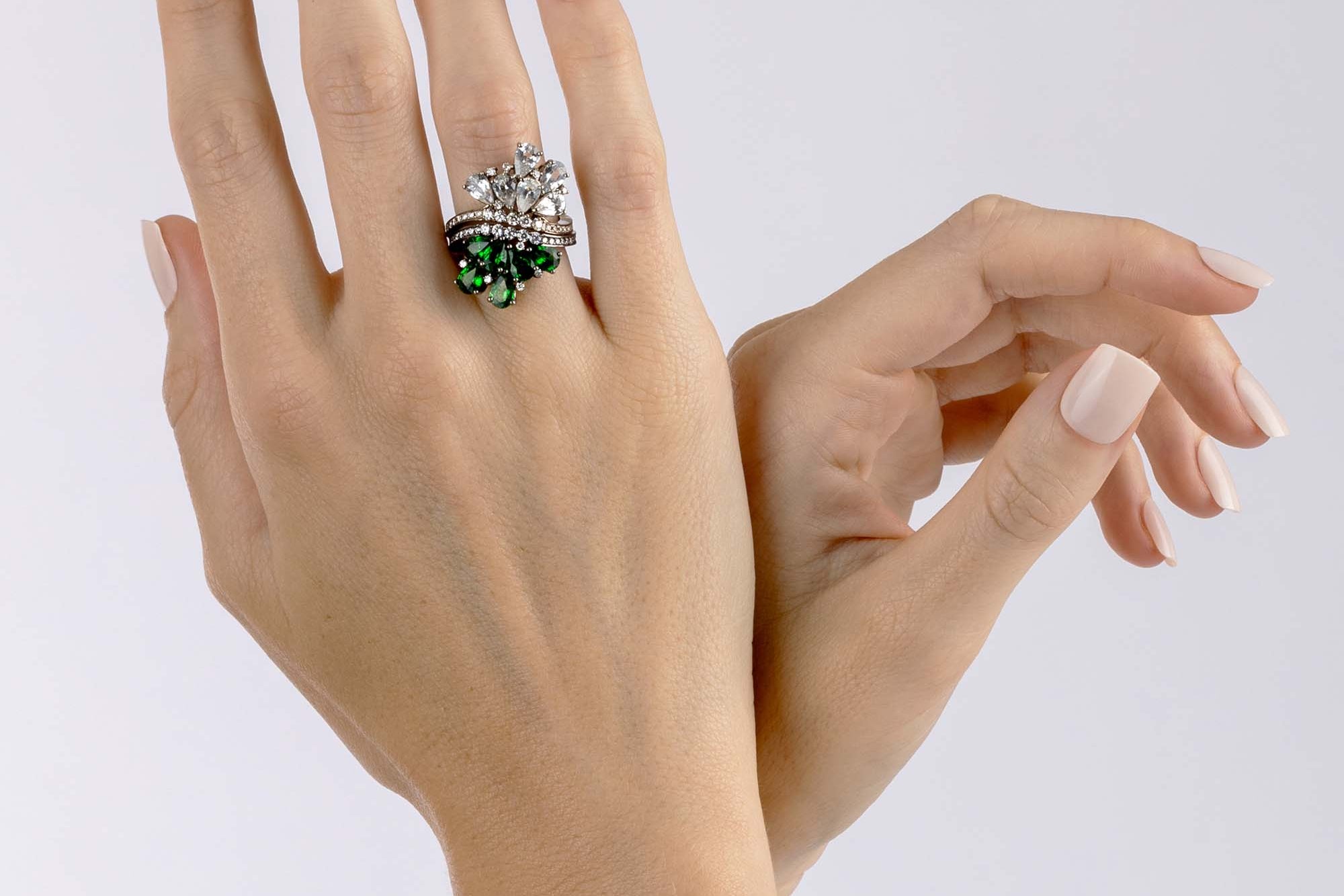 Rhodium Plated Gold and Diamond dual Ring - White Sapphire and Tsavorite, Large - Model shot