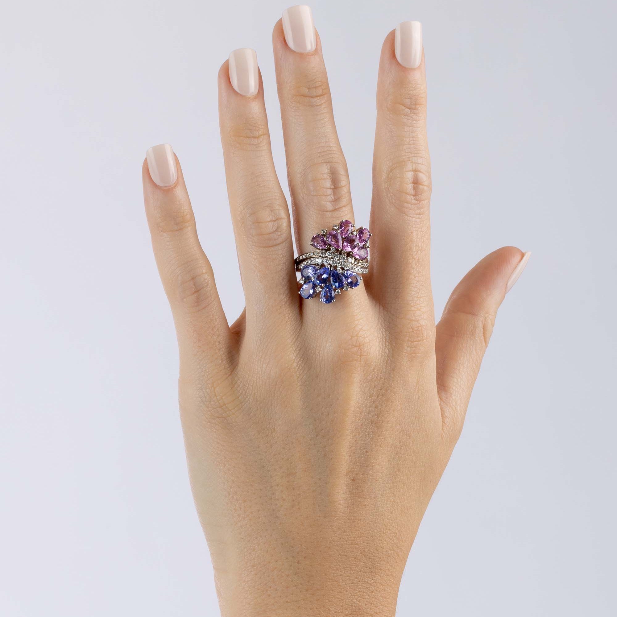 Diamond Ring: Rhodium Plated Gold and Pink Sapphire, White Gold and Tanzanite, Large - Model shot