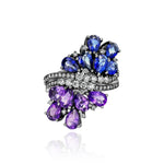 Rhodium Plated Gold and Diamond dual Ring - half Blue Sapphire, half Amethyst, Large