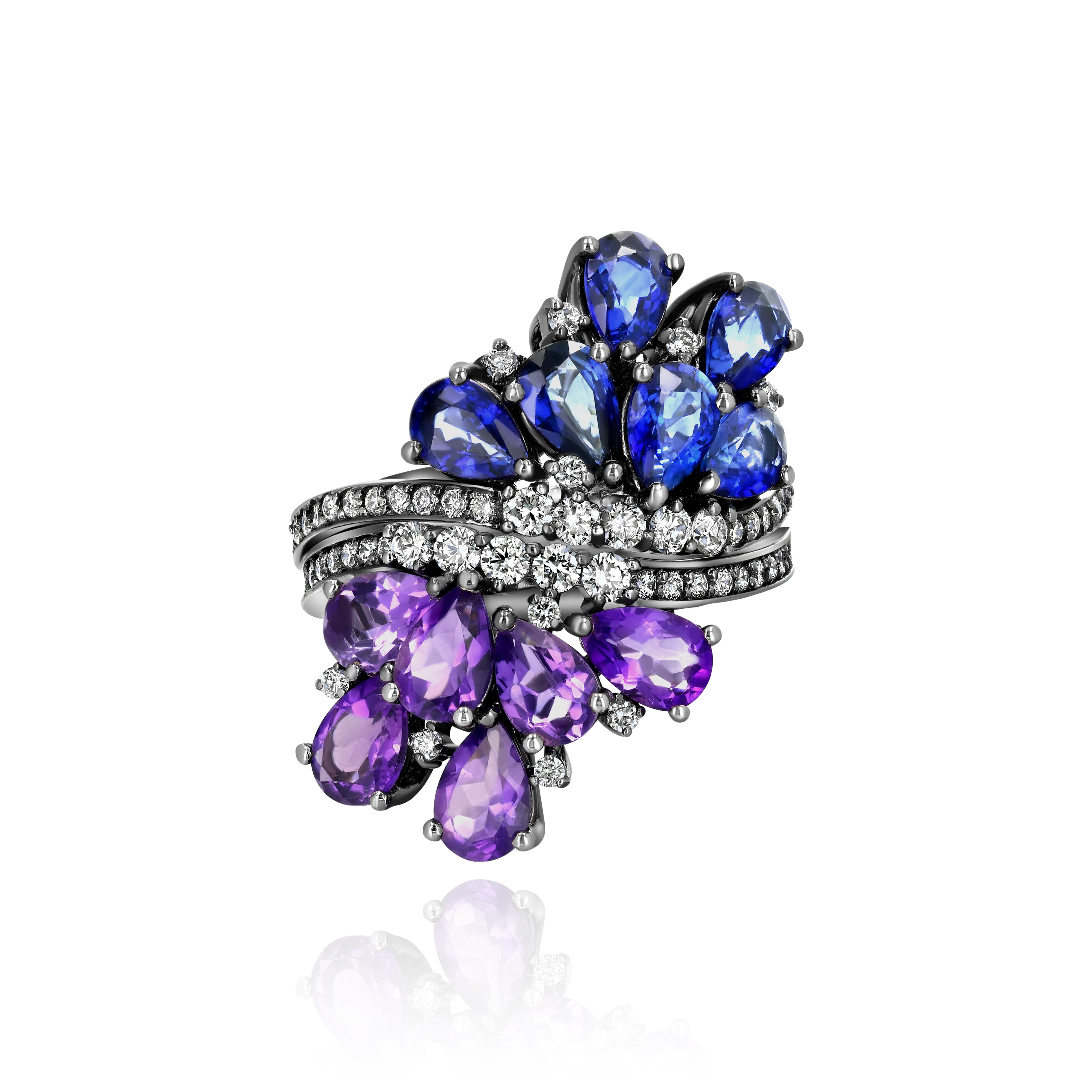 Rhodium Plated Gold and Diamond dual Ring - half Blue Sapphire, half Amethyst, Large