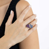 Rhodium Plated Gold and Diamond dual Ring - half Blue Sapphire, half Amethyst, Large - Model shot