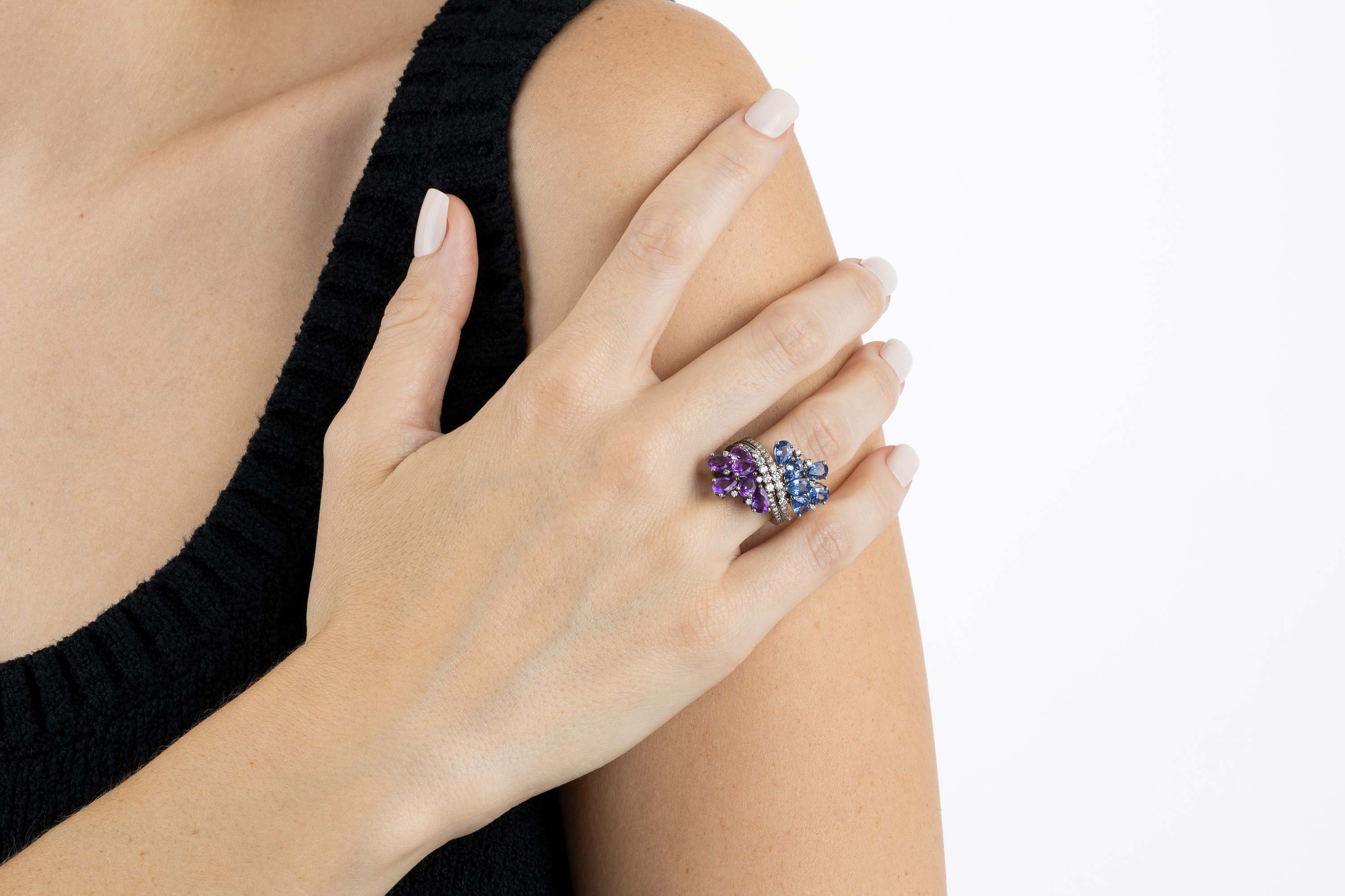 Rhodium Plated Gold and Diamond dual Ring - half Blue Sapphire, half Amethyst, Large - Model shot