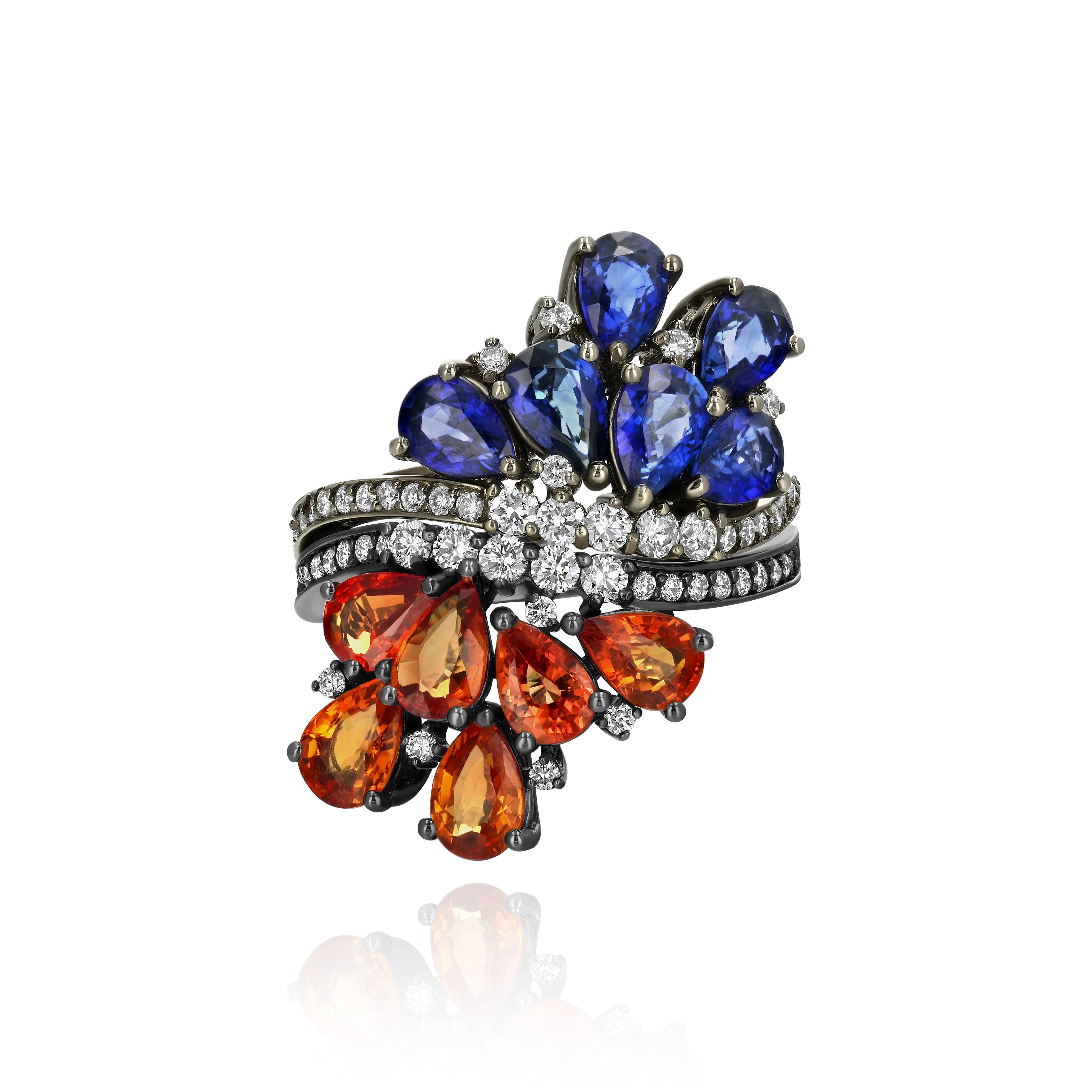 Rhodium Plated Gold and Diamond dual Ring - half Blue Sapphire, half Orange Sapphire, Large